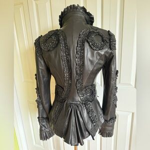 Roberto Cavalli Black Leather Ruffled Jacket XS EUC